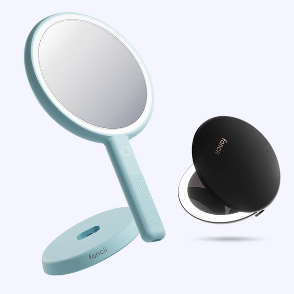 Cami mirror hand held and Taylor compact mirror by Fancii and Co_ Charcoal Chic Blue Fluff