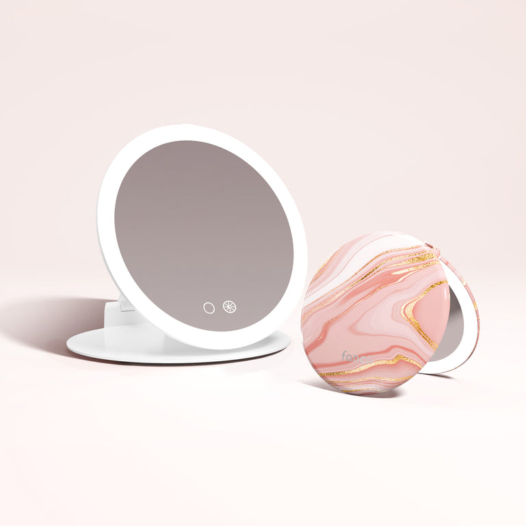 Abigail 10x Magnification Mirror, Taylor Lighted Compact Mirror in MARBLE ROSÈ by Fancii & Co. 1x + 10x Magnification, 3 dimmable light settings, travel mirror.