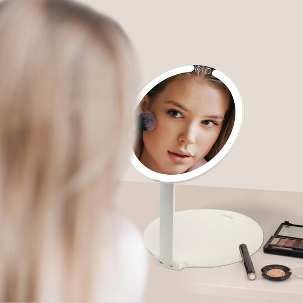 Abigail Travel Mirror from Fancii & Co. Hero Woman Using with lights on White Without 10x Magnifying Mirror
