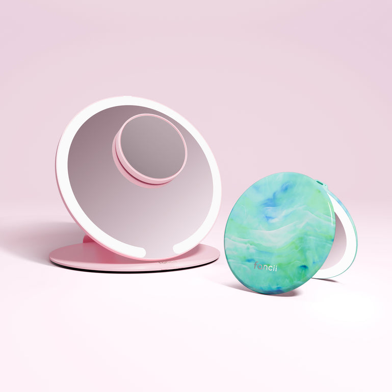 Travel Light Set Featuring Abigail Travel Mirror and Taylor Lighted Compact by Fancii in Pink / 10x Magnifying Mirror SEA SERENITY