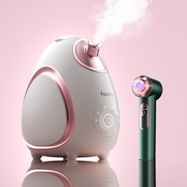 Pore Parazzi 2-step skincare set with Rivo facial steamer and Pearl White Clara microdermabrasion tool by Fancii and Co Emerald Green Pink