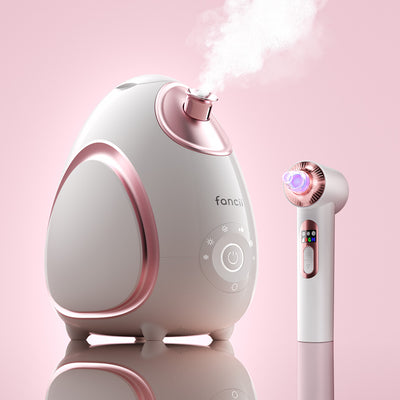 Pore Parazzi 2-step skincare set with Rivo facial steamer and Pearl White Clara microdermabrasion tool by Fancii and Co Pearl White Pink