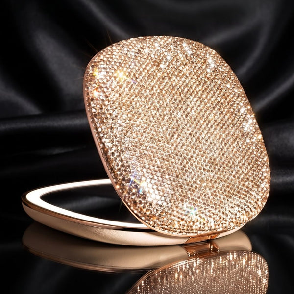 Fancii Mila 2 Luxe Champagne led lighted compact makeup mirror with diamond cut crystals, 10x/1x