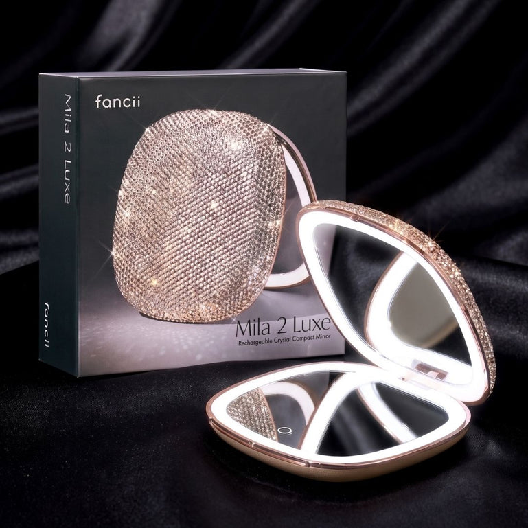 Fancii Mila 2 Luxe Champagne led lighted compact makeup mirror with diamond cut crystals, 10x/1x