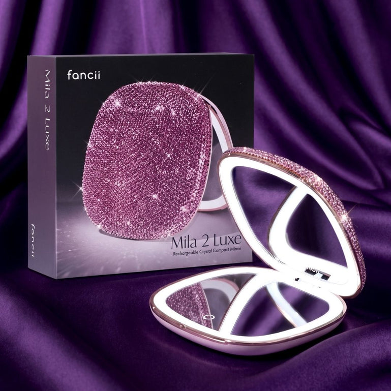 Fancii Mila 2 Luxe Wineberry led lighted compact makeup mirror with diamond cut crystals, 10x/1x