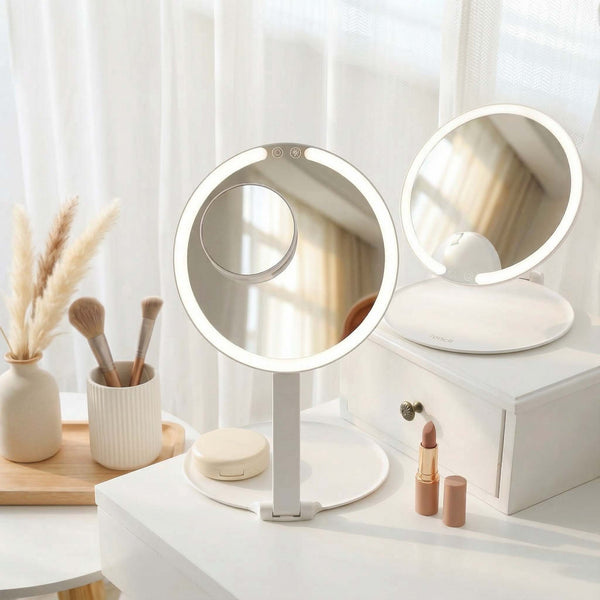 Tara suction mirror by Fancii & Co. in on a clean desk White Black