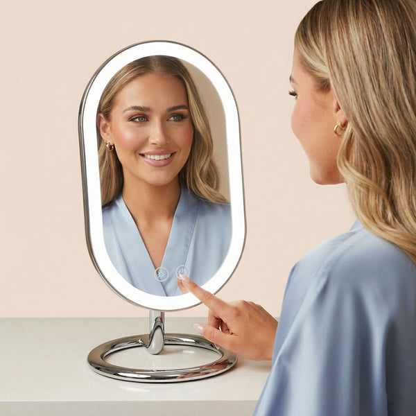 Woman using the Vera Vanity Mirror with Lights & Lara 10X Magnifying Mirror Chrome