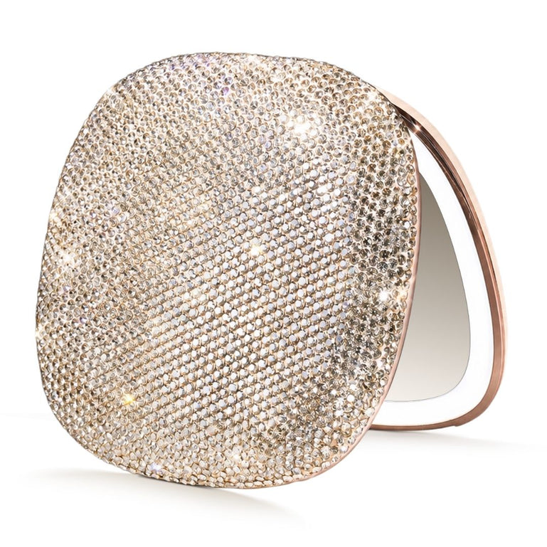 Fancii Mila 2 Luxe Champagne led lighted compact makeup mirror with diamond cut crystals, 10x/1x