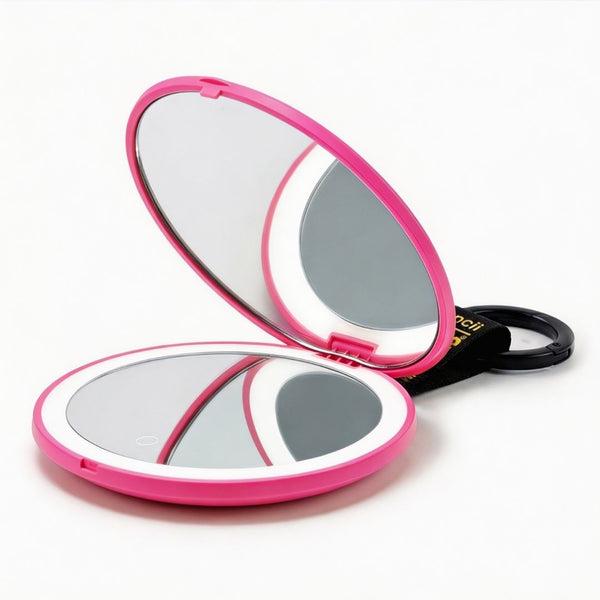 S.W.Smiley X Fancii & Co.  Lighted Charm Mirror with 1x and 10x magnification bag clip in Pink 