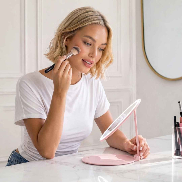 Fancii Abigail Travel Mirror with LED Lights Hero Extended and Folded Down In Use, Folds Out Anywhere

Pink None
