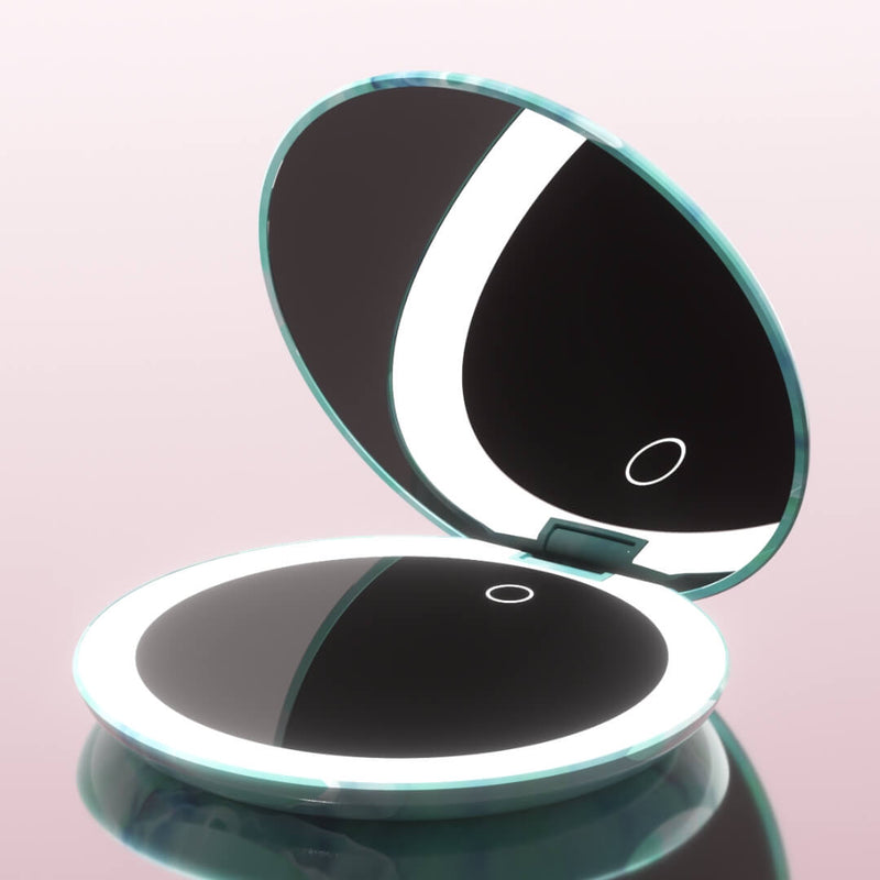 Taylor Lighted Compact with 10x Magnification  by Fancii and Co open and lit up in SEA SERENITY