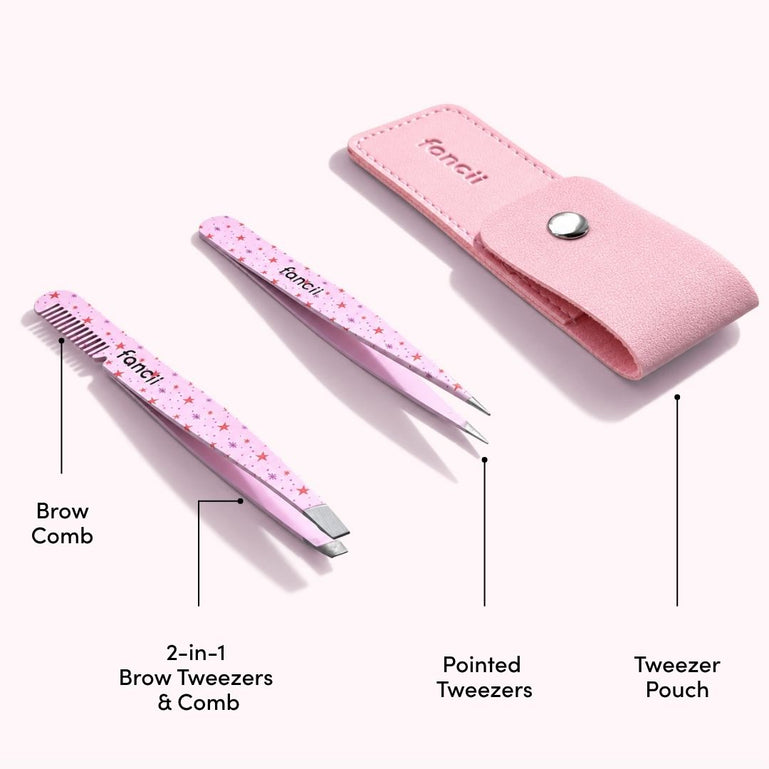 Tessa Tweezer Set from Fancii & Co. Items in Set Shown and labelled- brow comb, pointed tweezers and pouch.