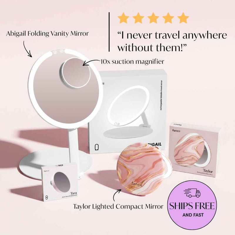 Fancii Travel Light Set Featuring Abigail Foldable Vanity, Taylor Lighted Compact and Tara 10x Magnifier. Box view showing content of the bundle.