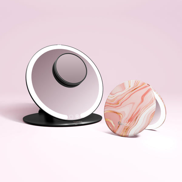 Travel Light Set Featuring Abigail Travel Mirror and Taylor Lighted Compact by Fancii in MARBLE ROSÈ Black / 10x Magnifying Mirror