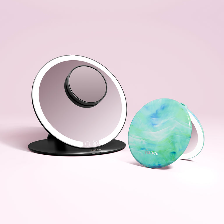 Travel Mirror and Taylor Lighted Compact by Fancii in SEA SERENITY Black / 10x Magnifying Mirror

