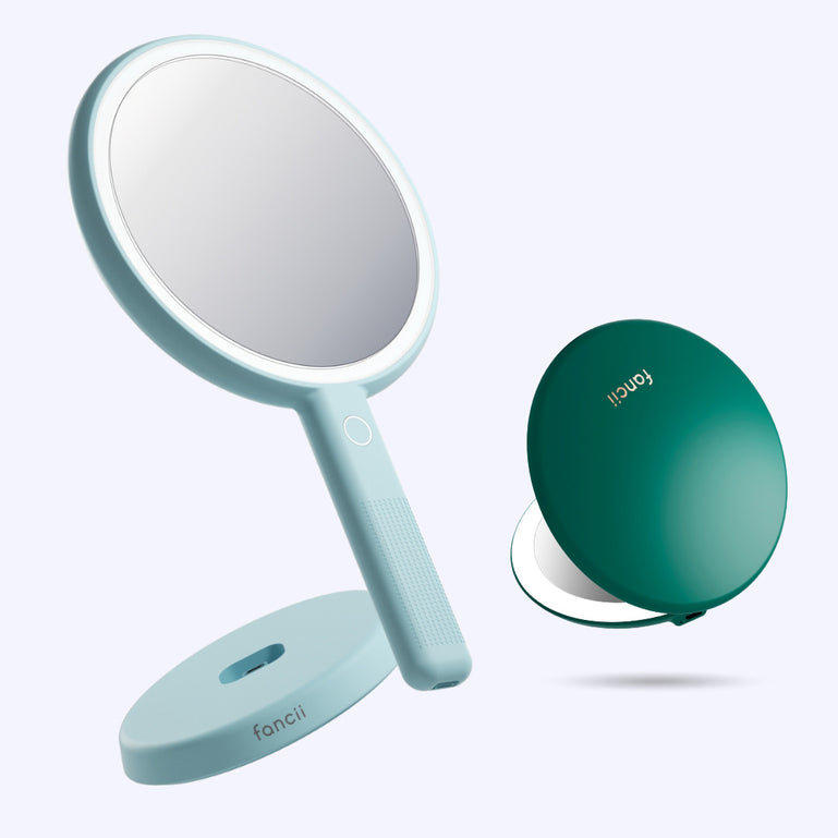 Cami mirror hand held and Taylor compact mirror by Fancii and Co_ Emerald Envy Blue Fluff