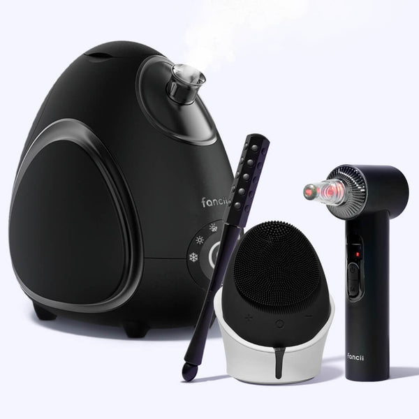 Royal Ritual best selling skincare routine with the isla sonic facial cleanser, rivo facial steamer, clara microdermabrasion tool and remi facial massager by Fancii and Co in Black